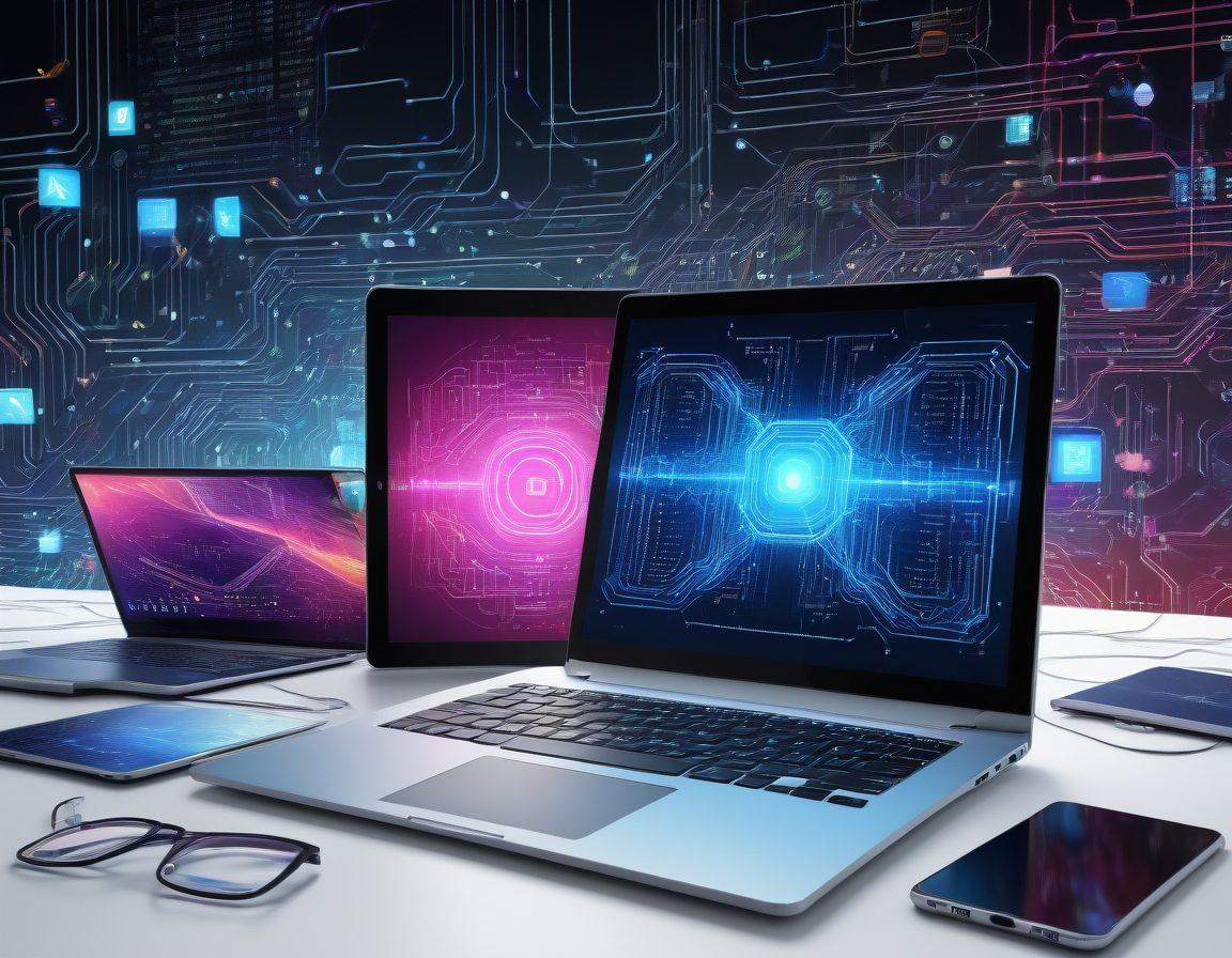 A dynamic collage showcasing various tech gadgets like laptops, smartphones, and tablets, interspersed with lines of code running across the background. Include elements representing coding such as code snippets, programming languages logos, and a vibrant digital circuit pattern. The overall vibe should be energetic and inspiring for tech enthusiasts. super-realistic. vibrant colors. 3D.