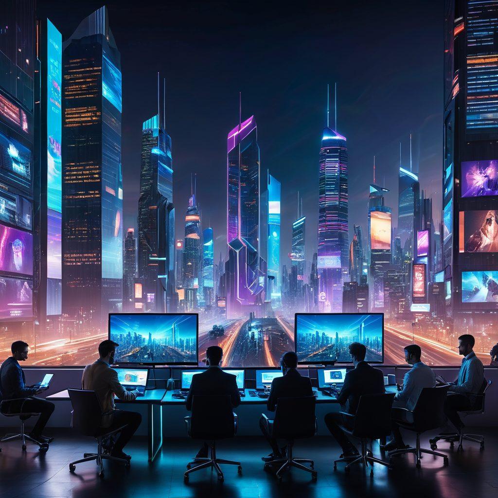 A futuristic city skyline at dusk, with glowing holographic advertisements showcasing the latest tech gadgets and coding tools. In the foreground, a diverse group of developers intensely discussing ideas while surrounded by laptops and augmented reality interfaces. The scene is vibrant, dynamic, and filled with energy, symbolizing innovation and progression in technology. cyberpunk. vibrant colors. 3D.