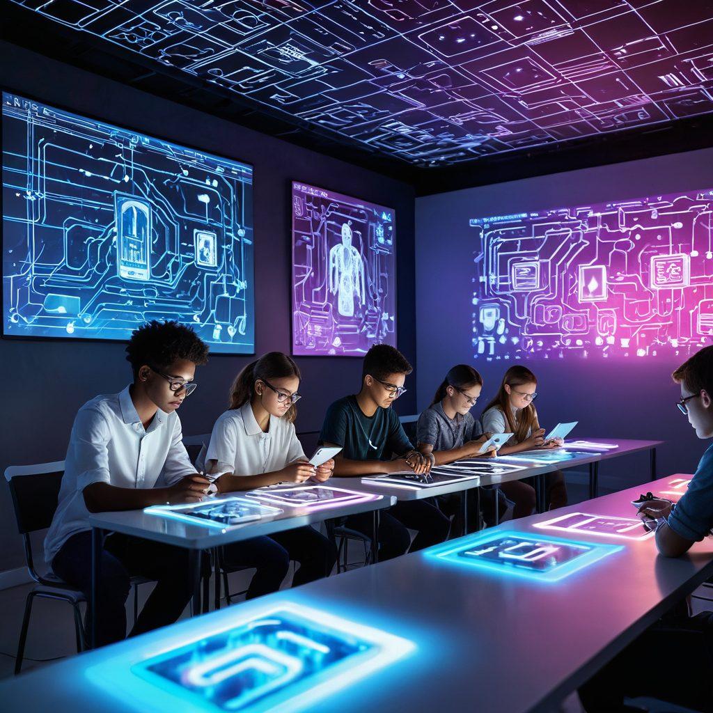 A futuristic classroom scene filled with diverse young innovators engaged with digital devices, surrounded by holographic projections of coding tutorials and tech insights. Bright, modern design elements and glowing circuit patterns in the background to signify technology and innovation. The atmosphere should be vibrant and inspiring, showcasing a blend of creativity and technology. super-realistic. vibrant colors. white background.